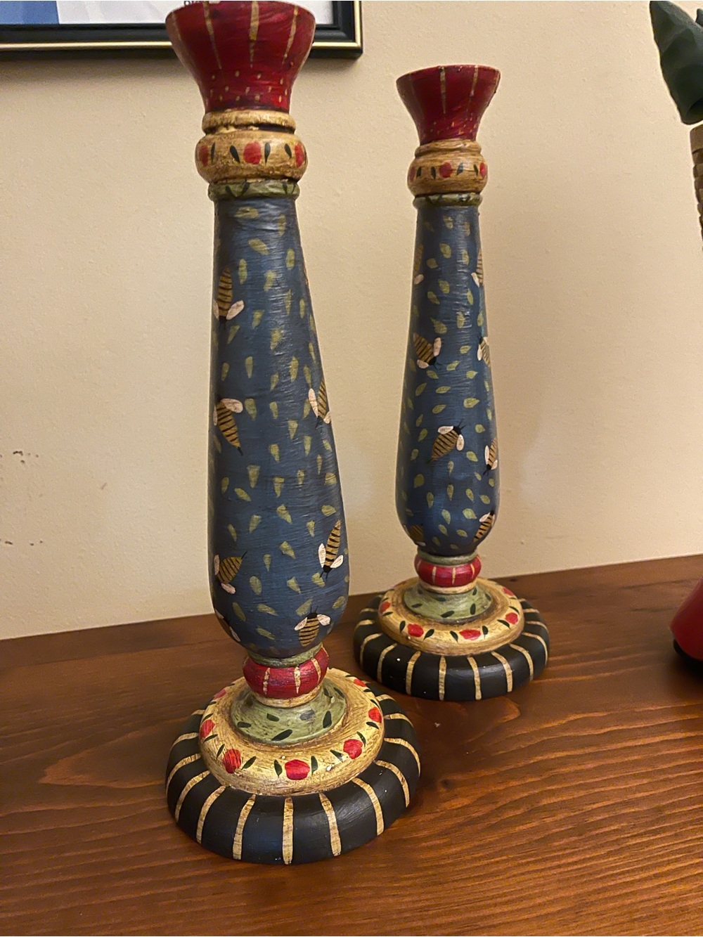 Palecek Carol Endres Blue and Red Hand-Painted Wooden Candlestick Pair